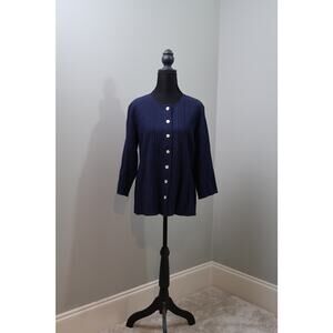 Orvis Navy Textured Button Front Tunic Top Womens Medium 3/4 Sleeve